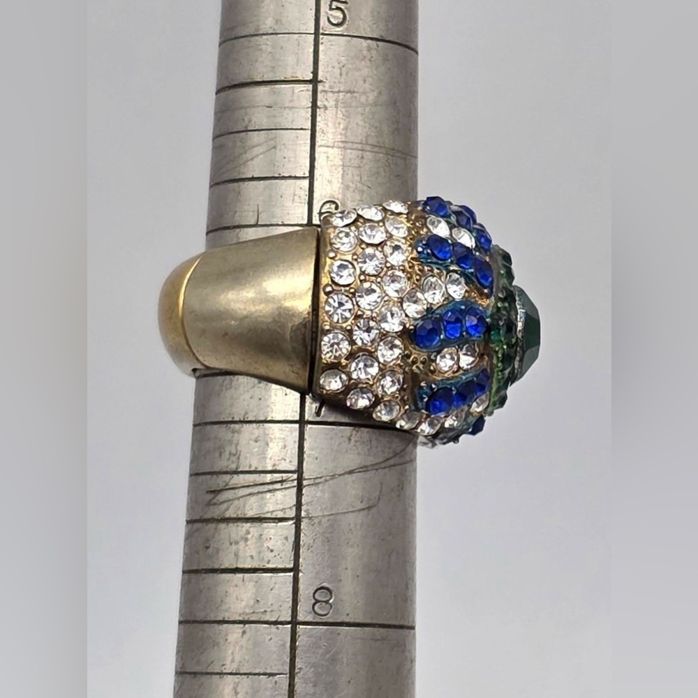 Emerald Green Crystal Statement Blue Clear Rhinestone Halo Vintage Cocktail Ring - Picture 2 of 5